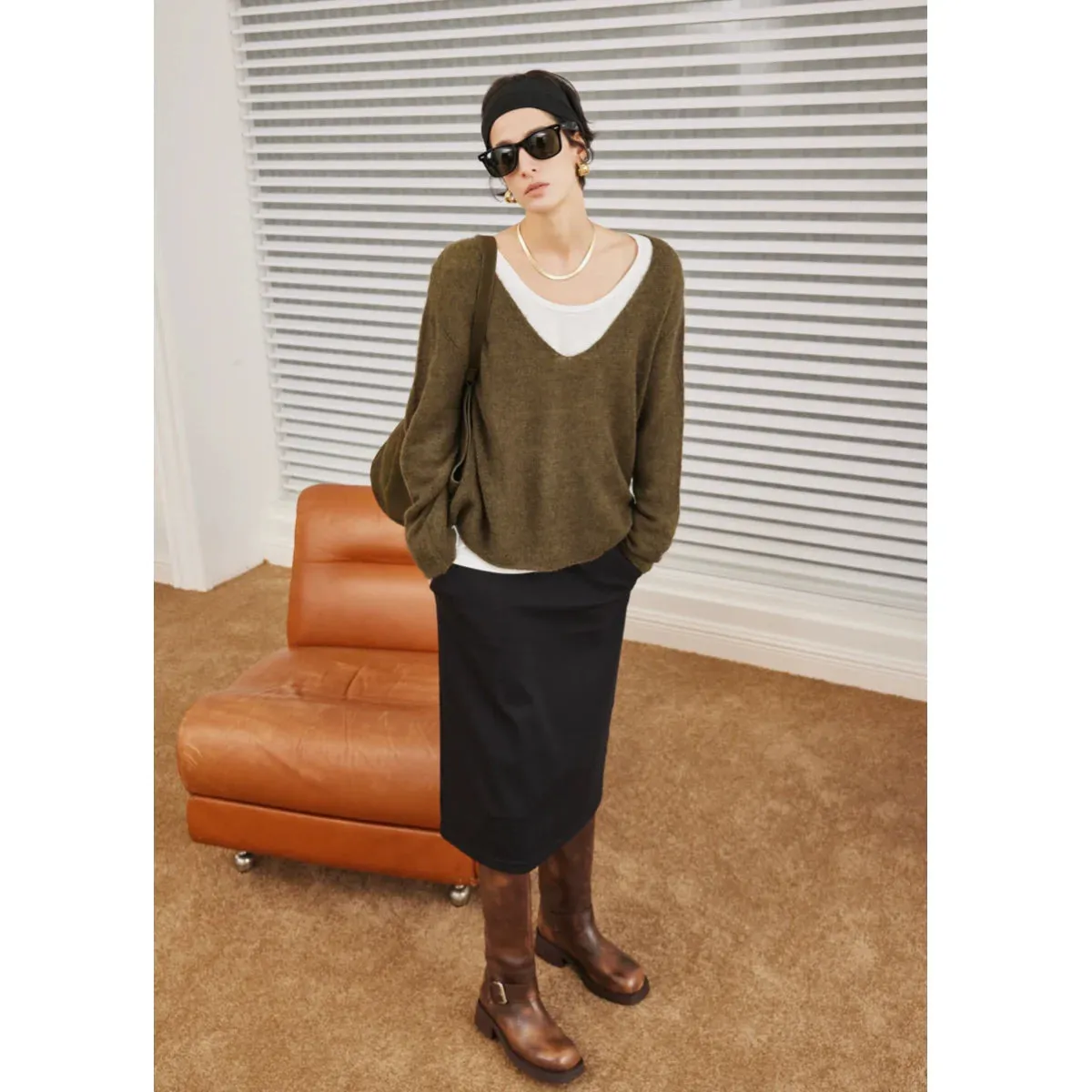 Olive Green V-Neck Sweater