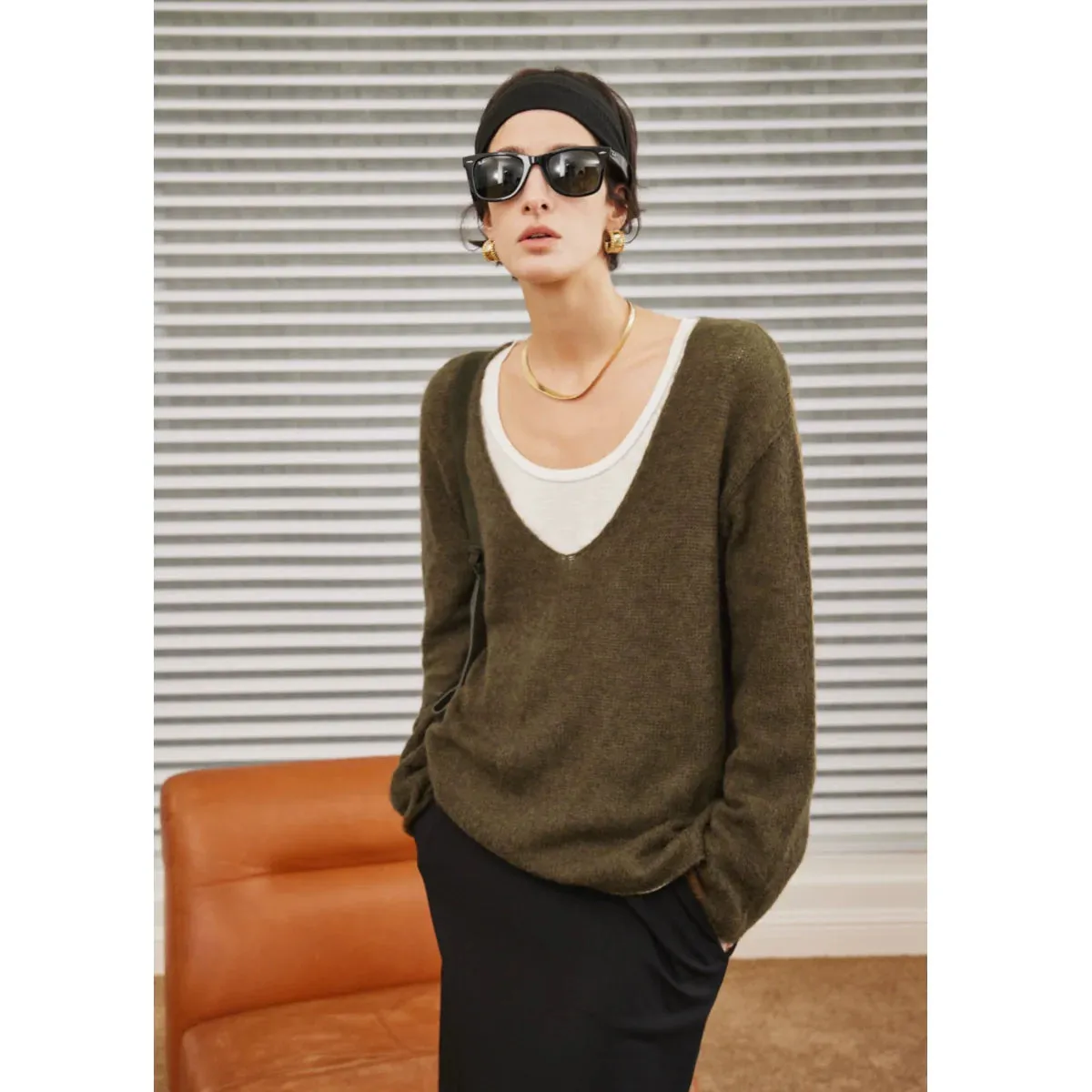Olive Green V-Neck Sweater