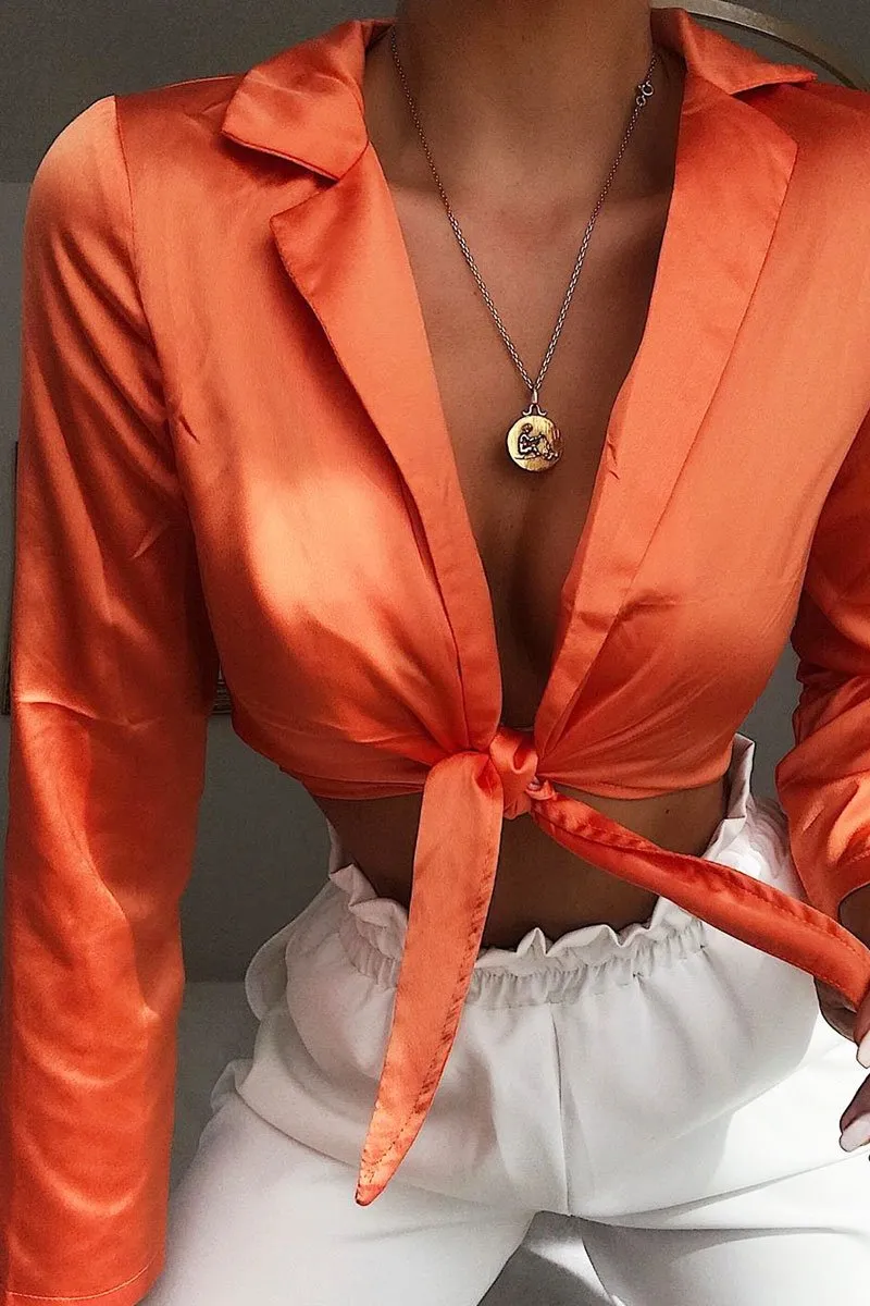 Orange Satin Cut Out Tie Front Bodysuit - Ezabella