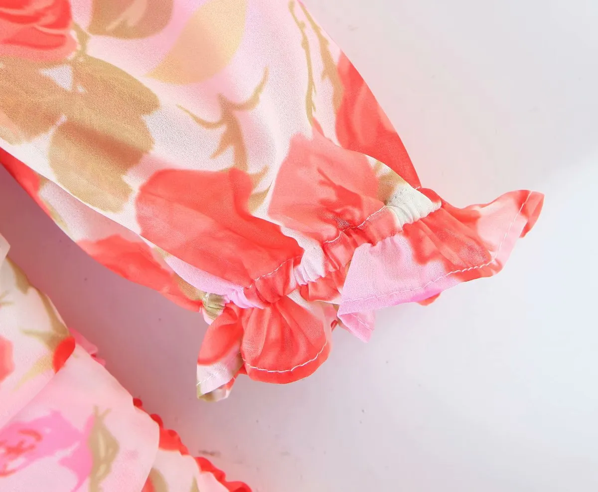 Party V-neck Pleated Ruffled Floral Bodycon Mini Dresses