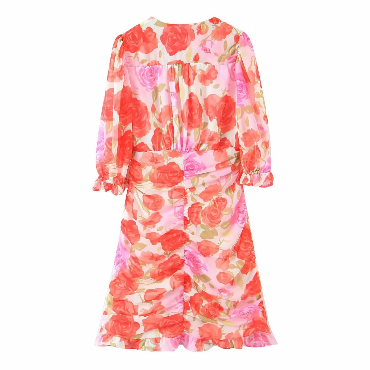 Party V-neck Pleated Ruffled Floral Bodycon Mini Dresses
