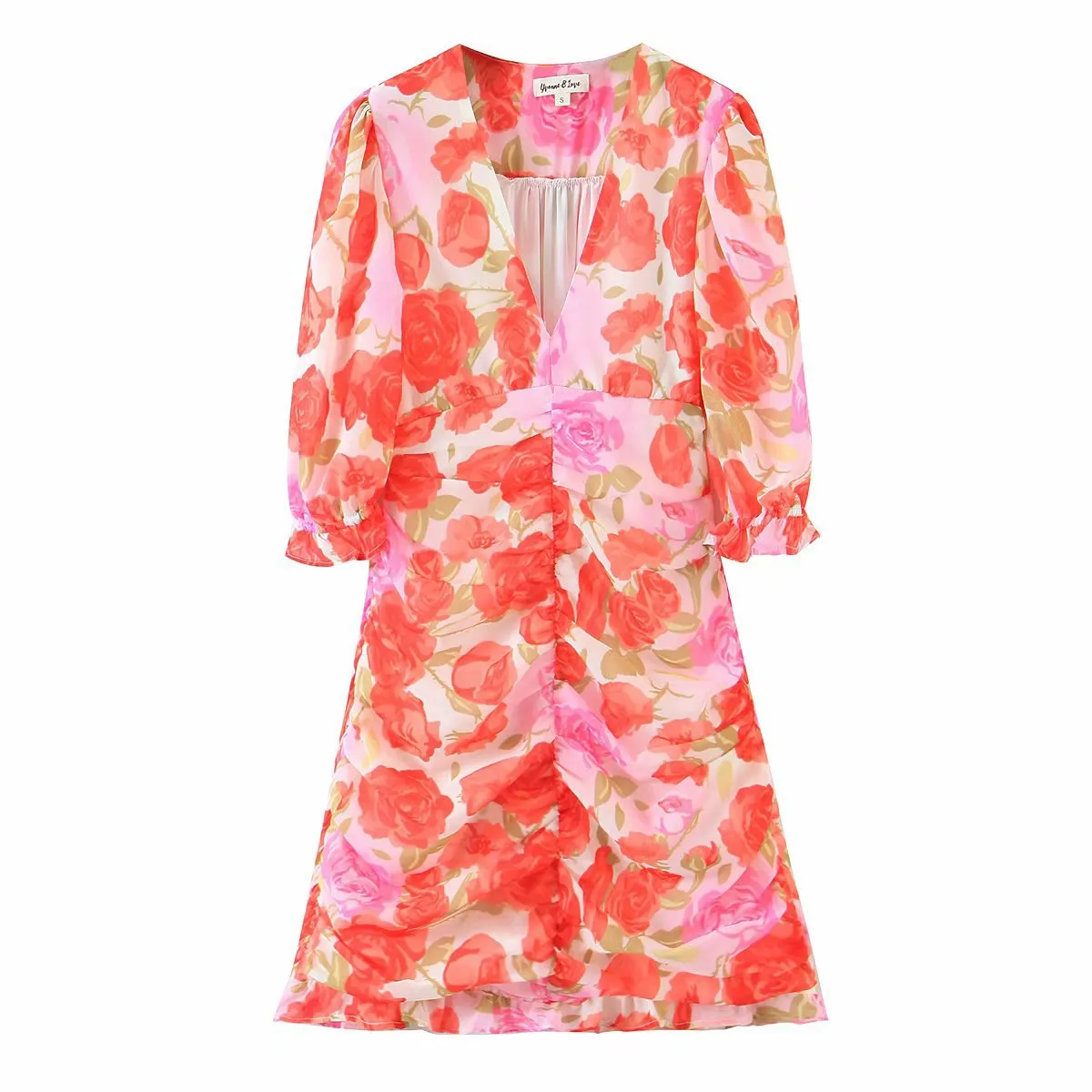 Party V-neck Pleated Ruffled Floral Bodycon Mini Dresses