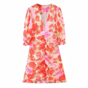 Party V-neck Pleated Ruffled Floral Bodycon Mini Dresses