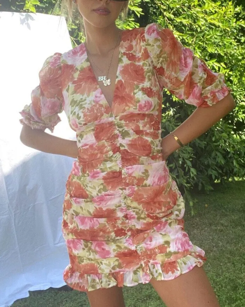 Party V-neck Pleated Ruffled Floral Bodycon Mini Dresses