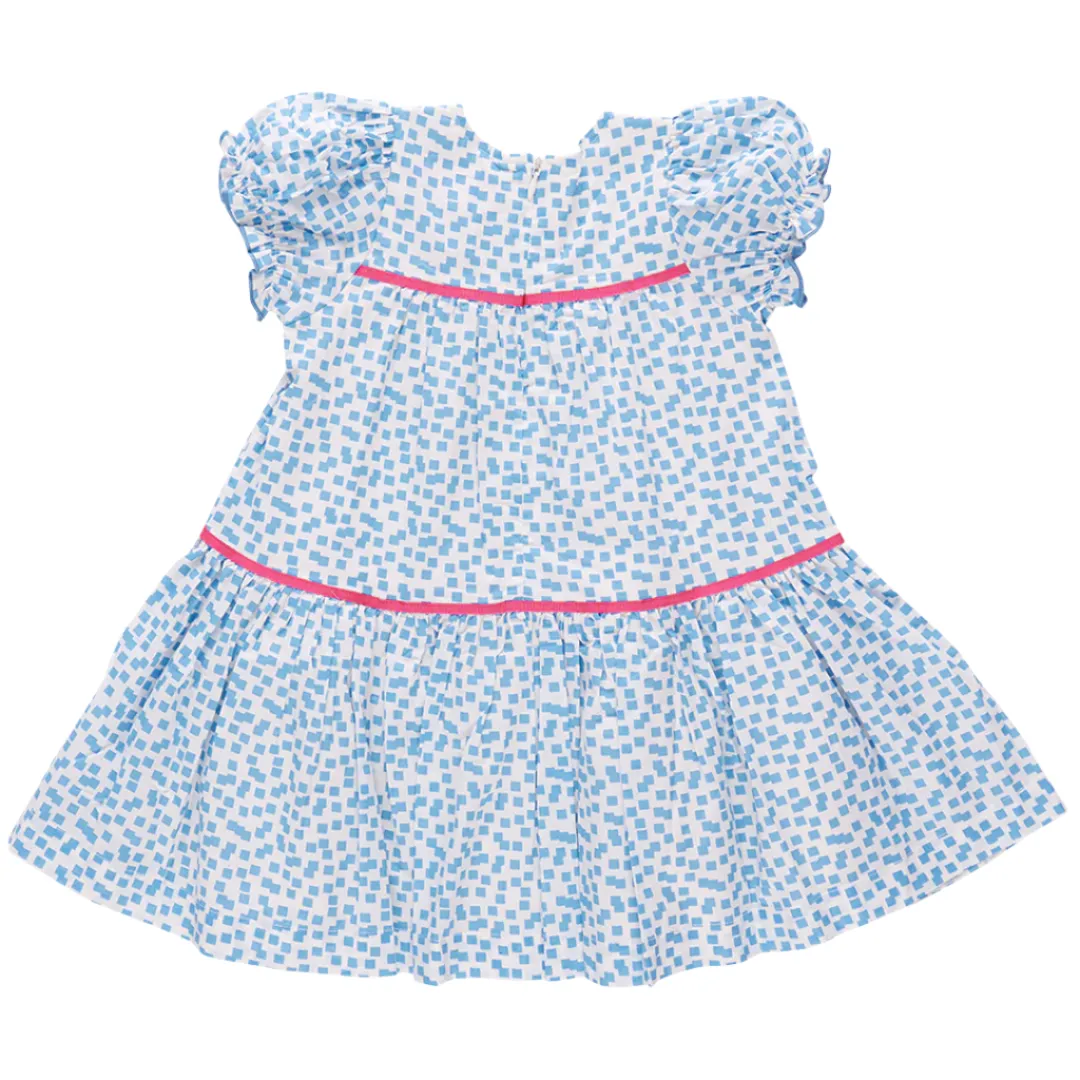 Pink Chicken || Girls Fiona Dress - Blue Mini Squares