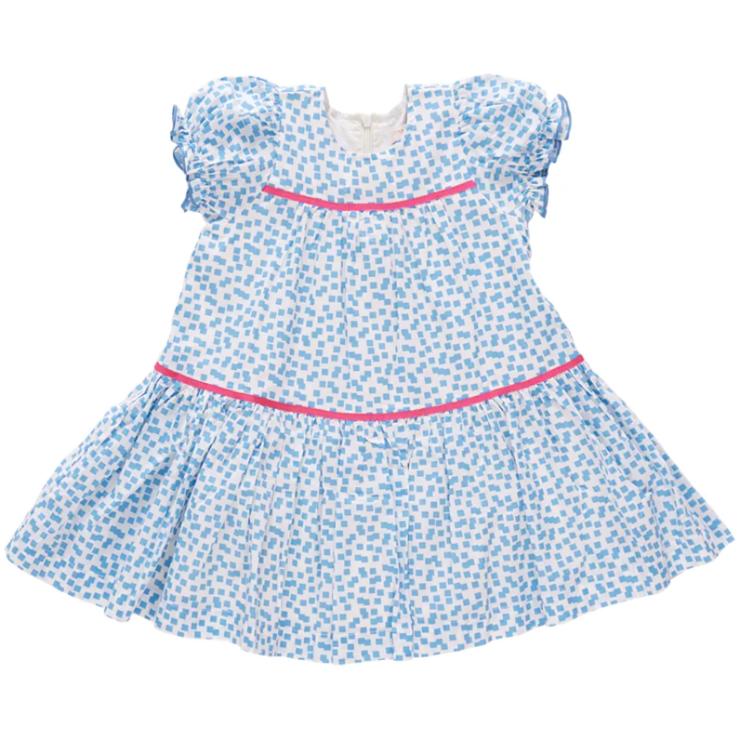 Pink Chicken || Girls Fiona Dress - Blue Mini Squares