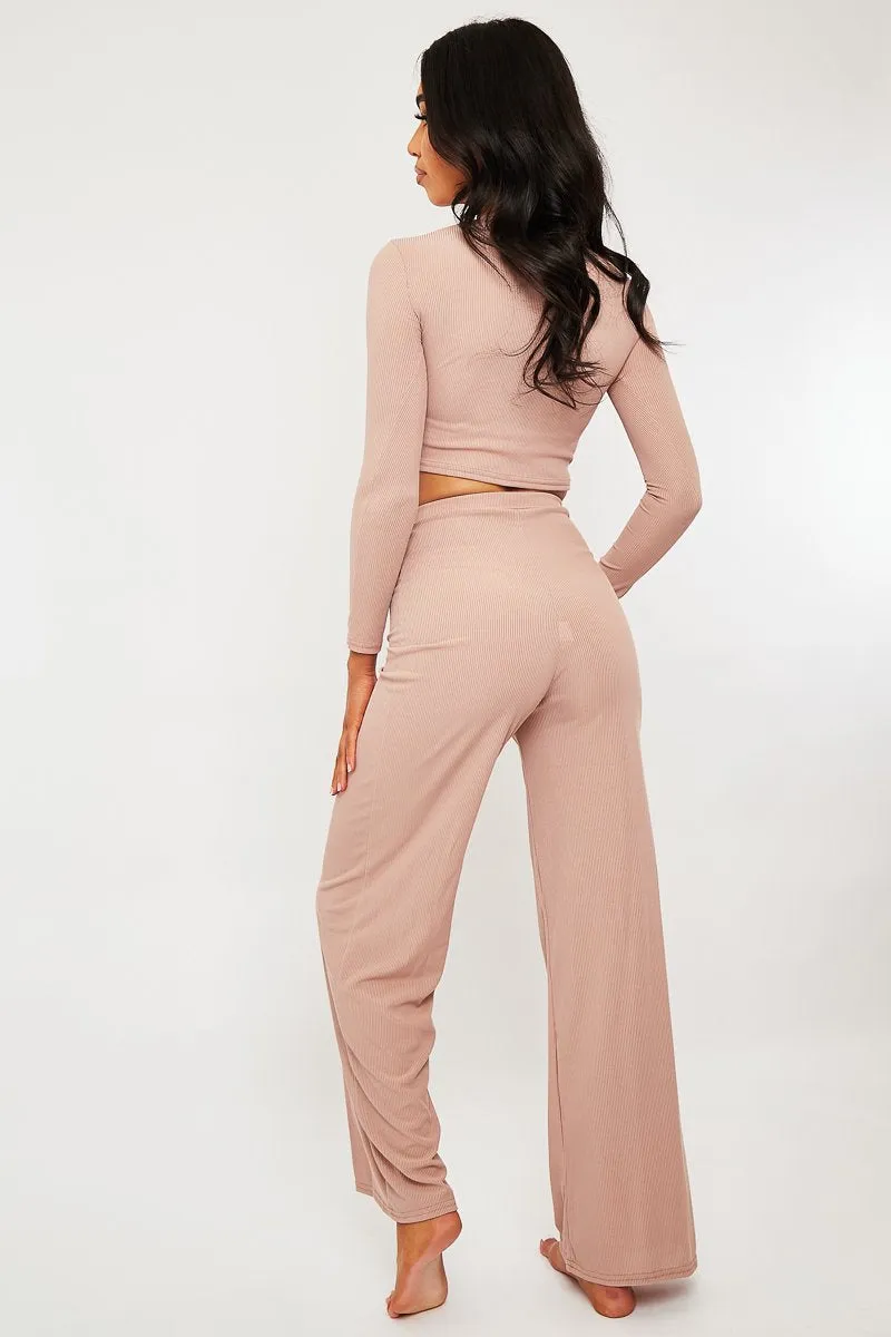 Pink Ribbed Button Front Top   Trouser Co-ord - Emani