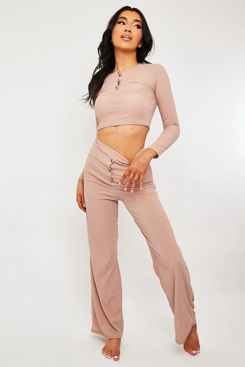 Pink Ribbed Button Front Top   Trouser Co-ord - Emani