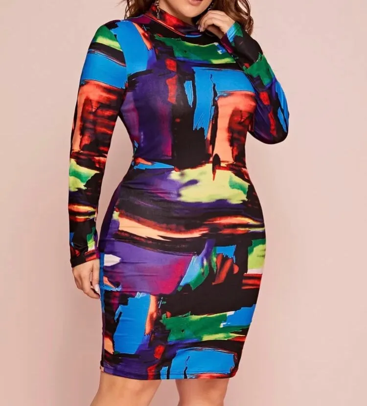 Plus Brush Stroke In Living Color Bodycon Dress