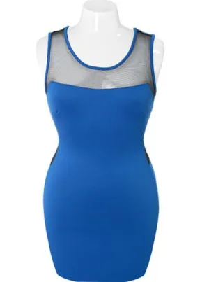 Plus Size Bodycon Scuba Mesh Blue Dress