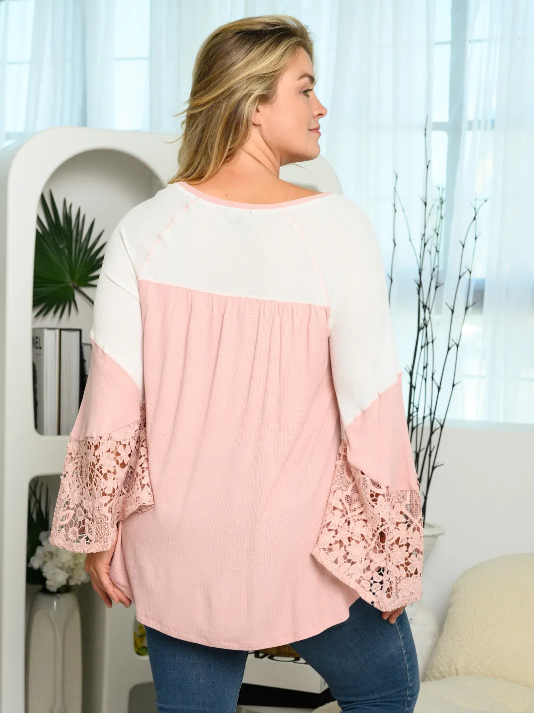 PLUS SIZE LONG BELL SLEEVE LACE TUNIC TOP