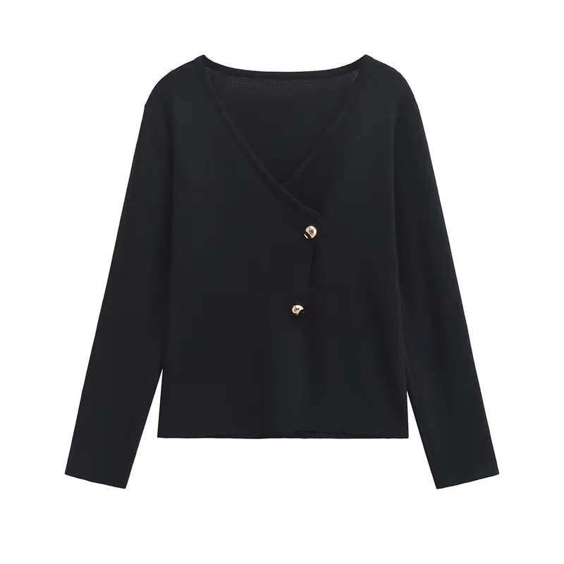 Premium Black  Cardigans Sweater Tops New Women Fashion Casual V-Neck Jacket