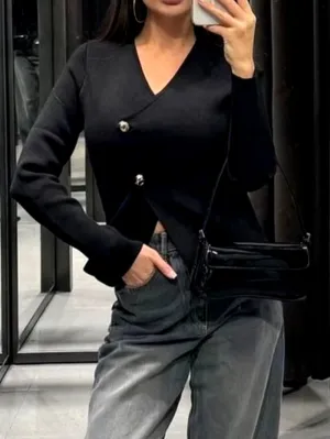Premium Black  Cardigans Sweater Tops New Women Fashion Casual V-Neck Jacket
