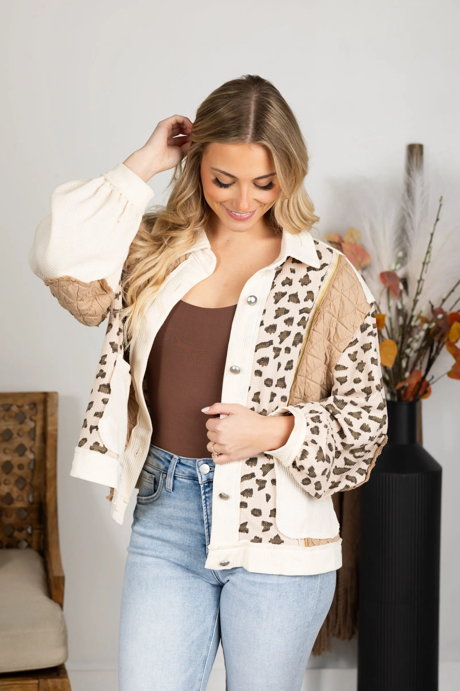 Print Contrast Colorblock Quilted Jacket