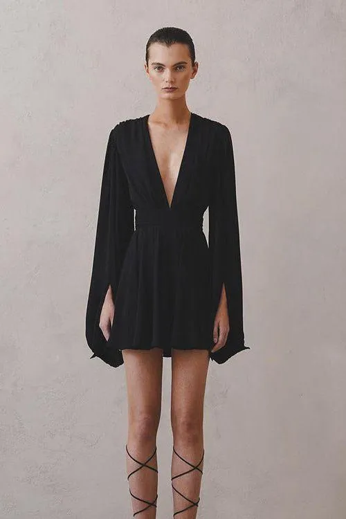 Puff sleeve V-neck short black dress