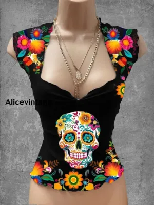 Punk Skull Art Print V-Neck Casual Top