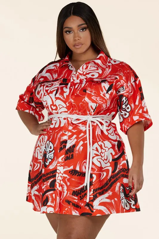 Red Graffiti Print Button-Up Mini Dress- CURVES