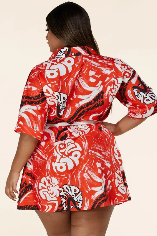 Red Graffiti Print Button-Up Mini Dress- CURVES