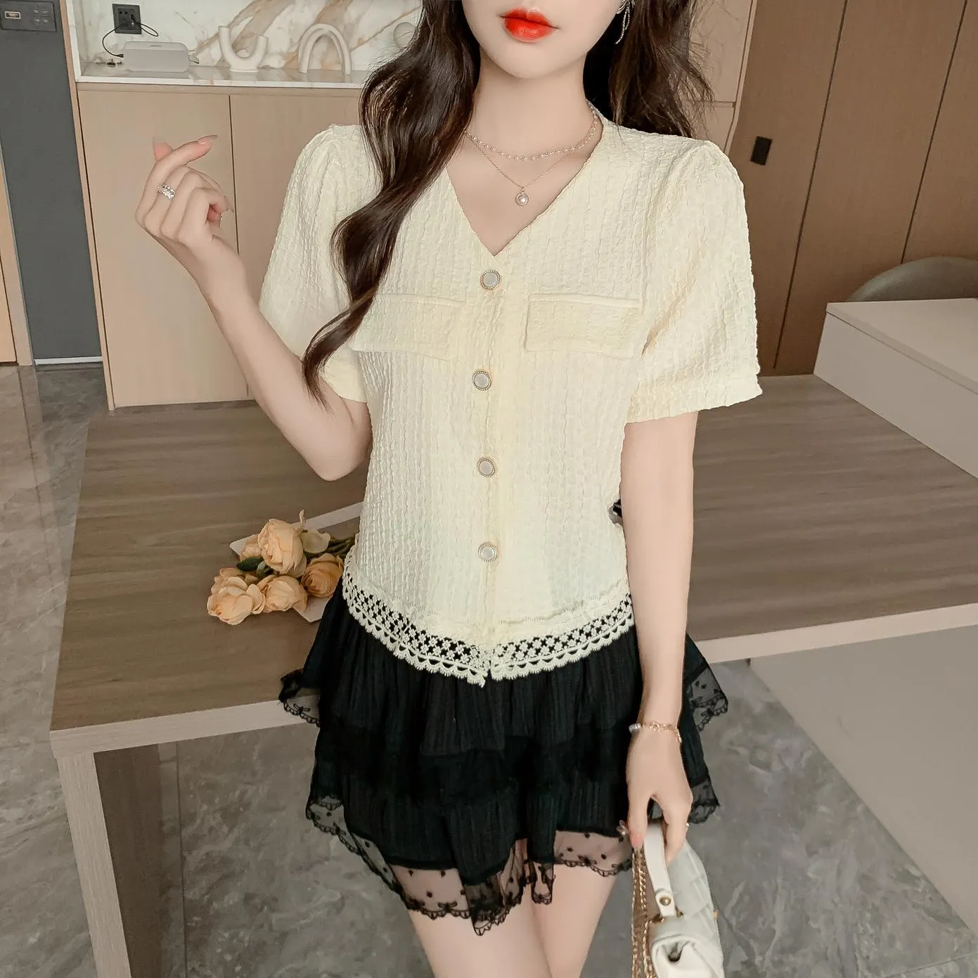 Relaxed-fit Women's Blouse Featuring Flap Pocket and Lace Trim