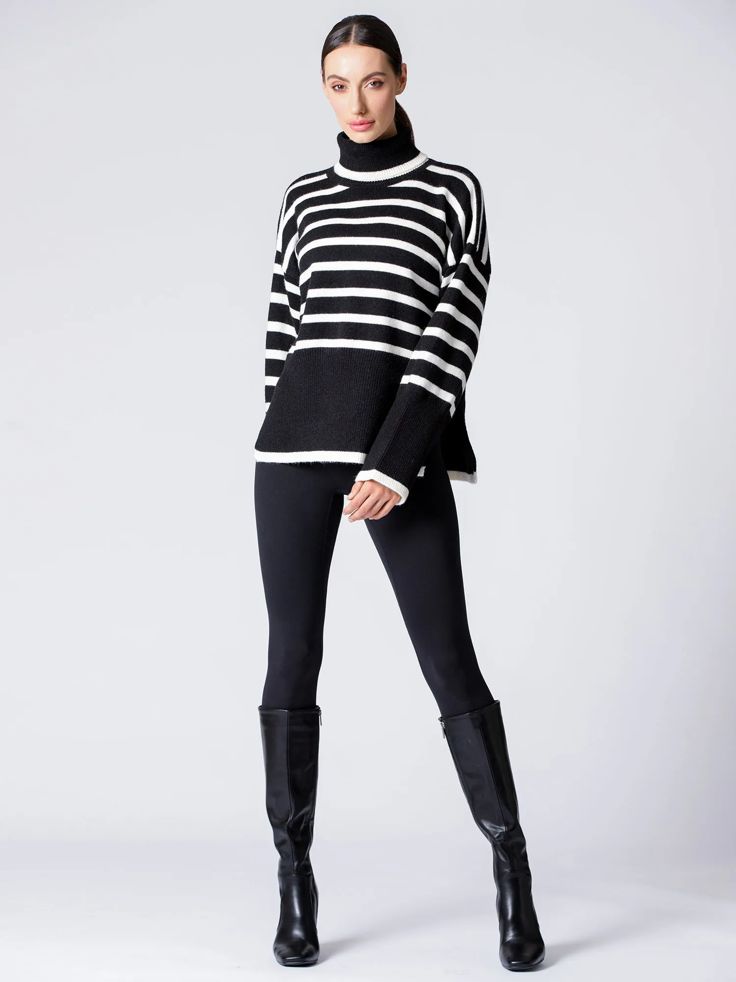 RELAXED STRIPED TURTLENECK SWEATER, BLACK/WHITE