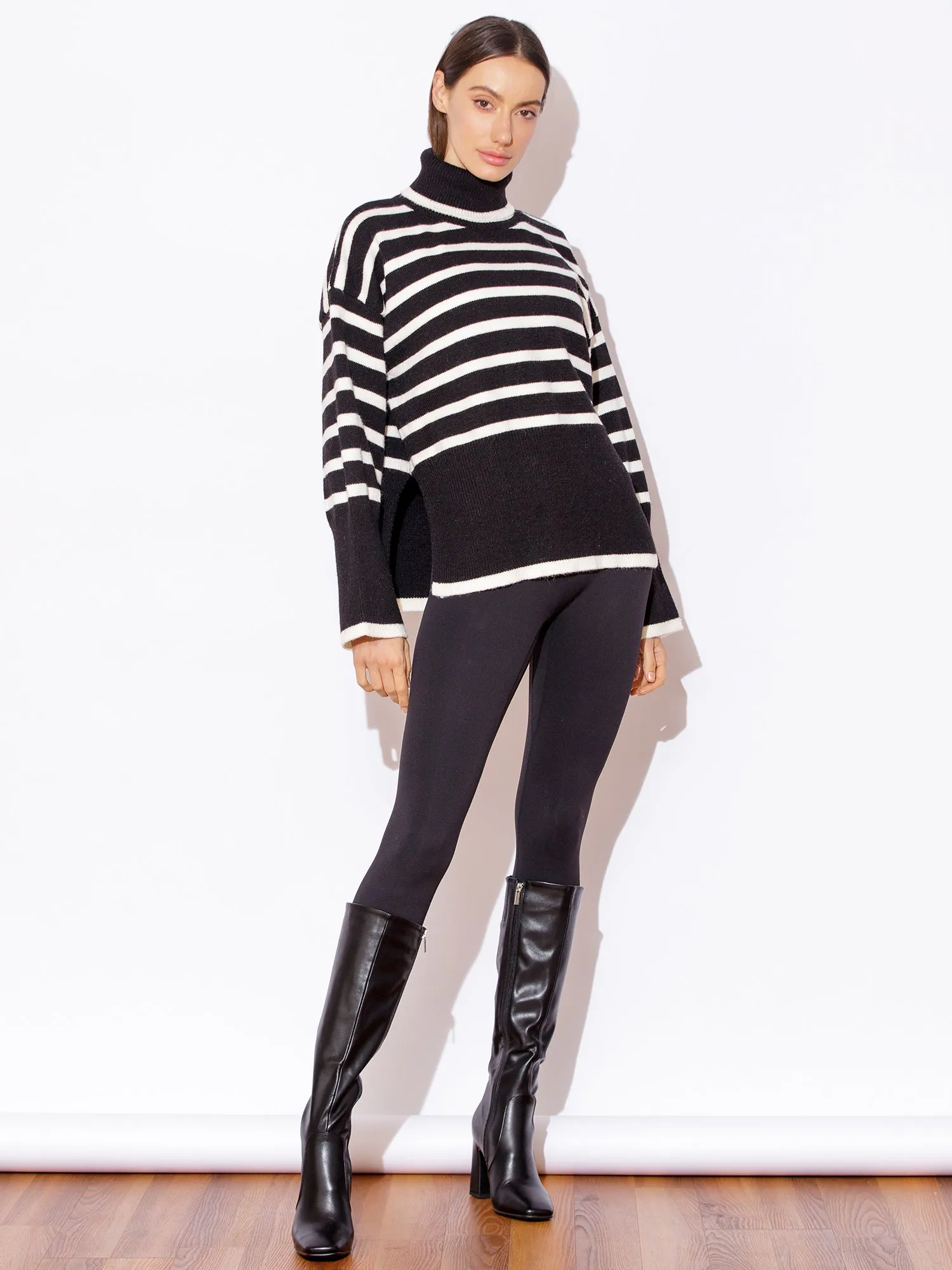 RELAXED STRIPED TURTLENECK SWEATER, BLACK/WHITE