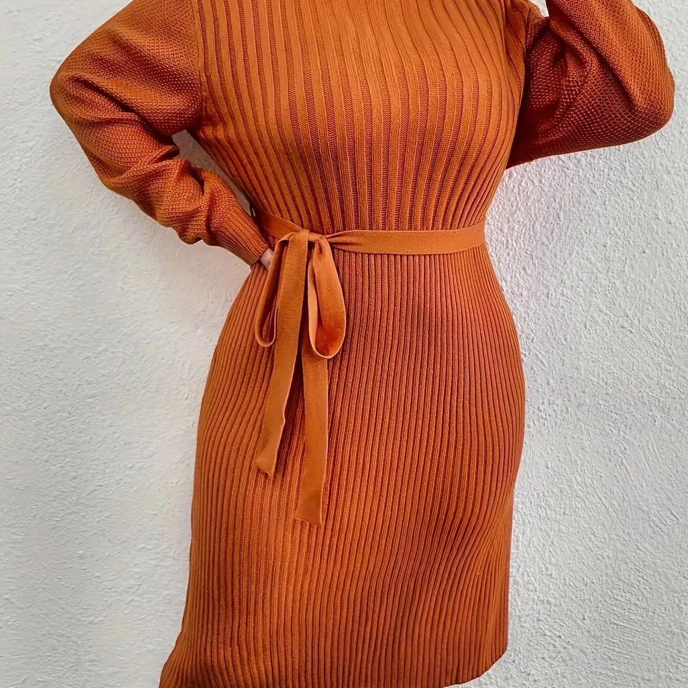 Ribbed Belted Oversized Sleeves Sweater Dress