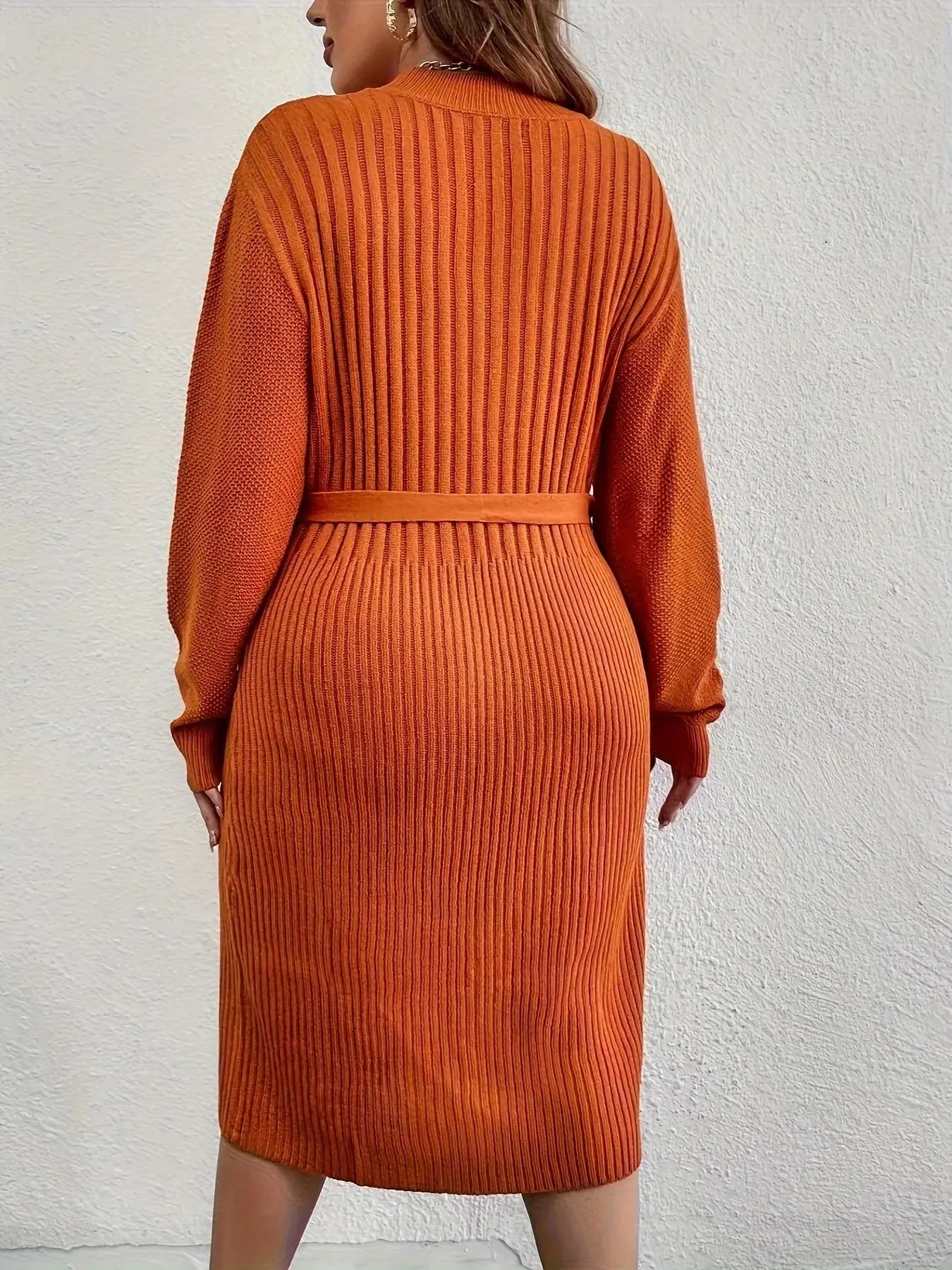 Ribbed Belted Oversized Sleeves Sweater Dress