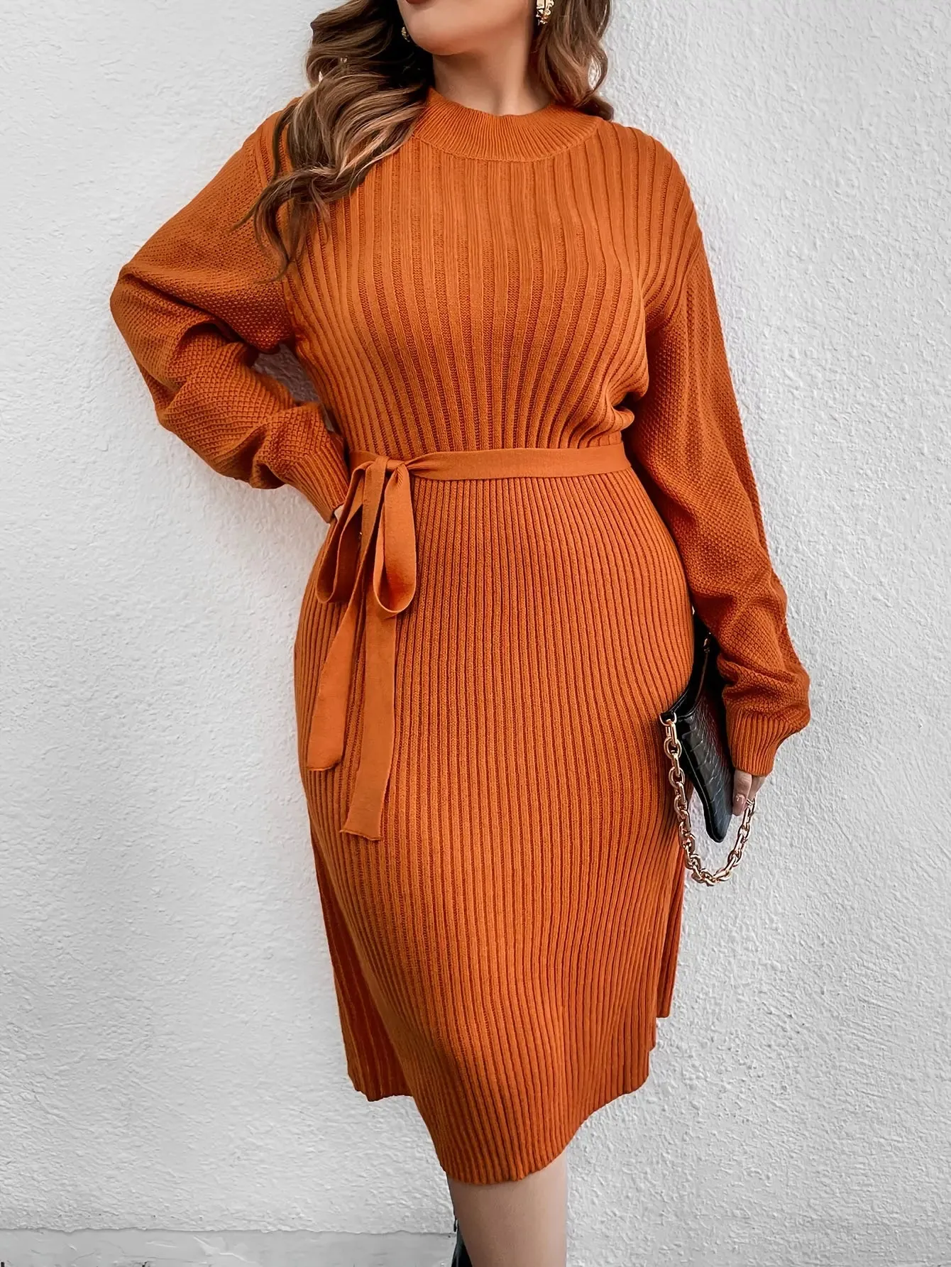 Ribbed Belted Oversized Sleeves Sweater Dress