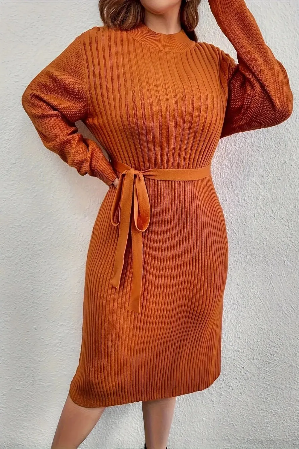 Ribbed Belted Oversized Sleeves Sweater Dress