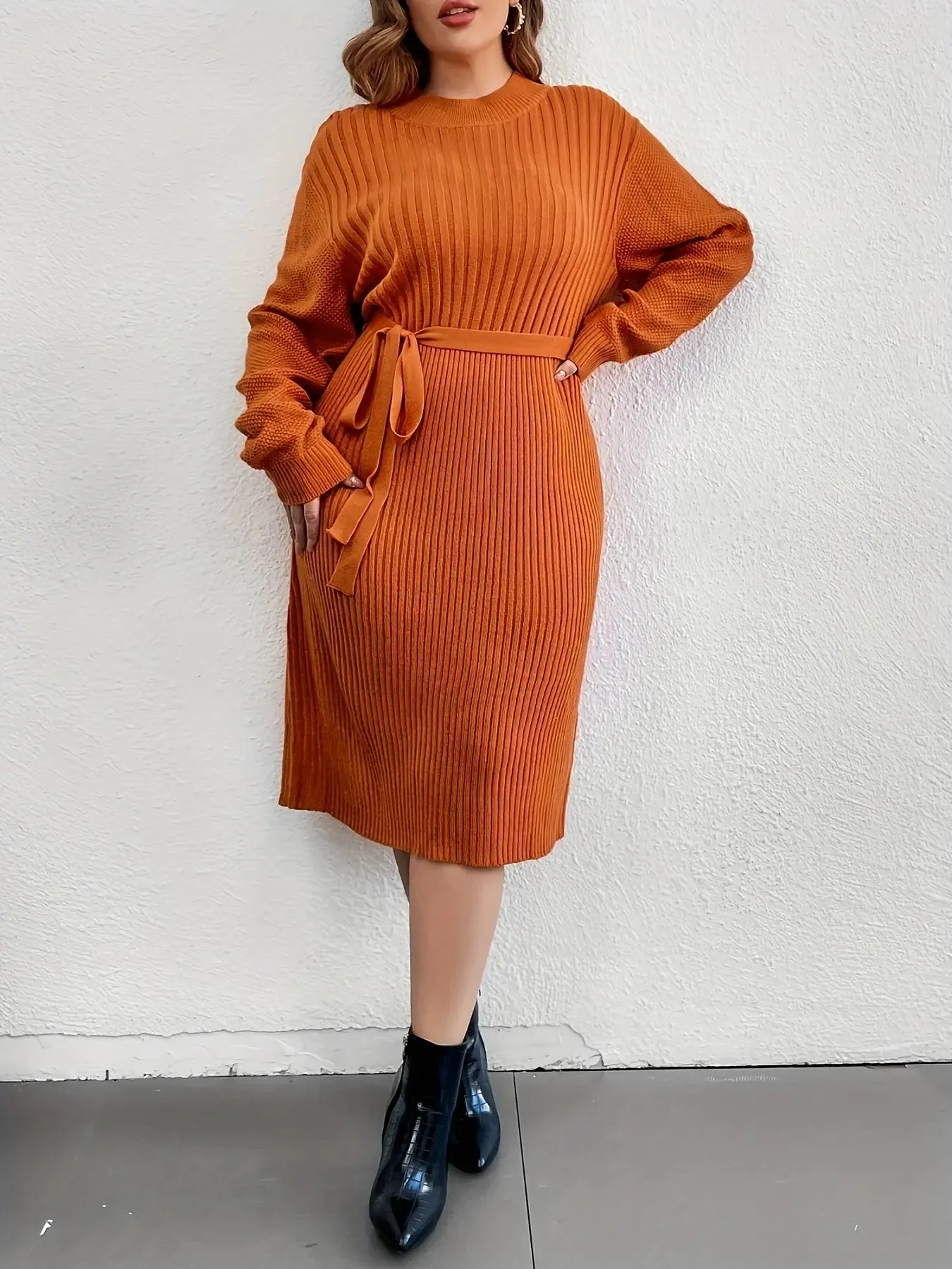 Ribbed Belted Oversized Sleeves Sweater Dress