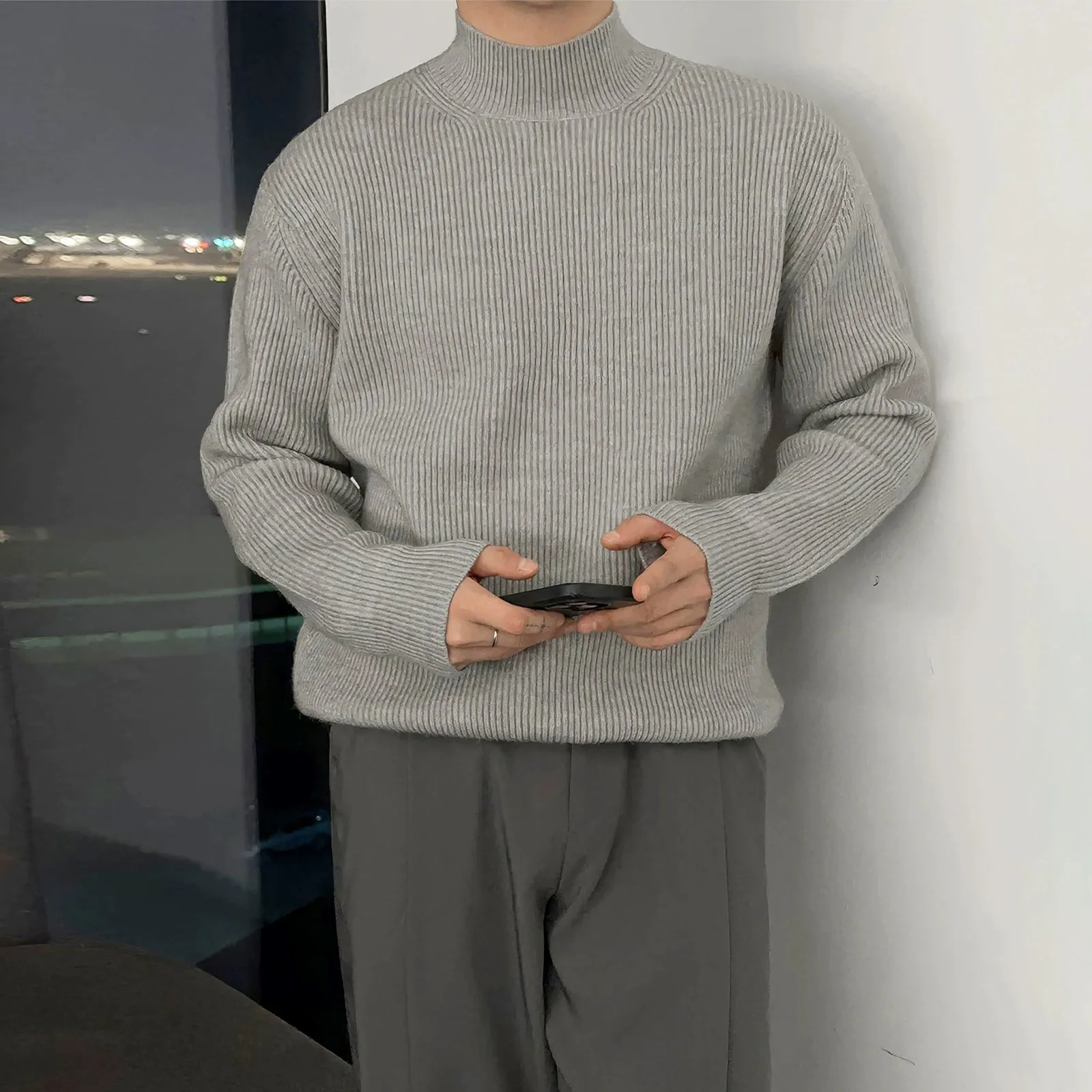 Ribbed Knit Pleated Turtleneck Sweater