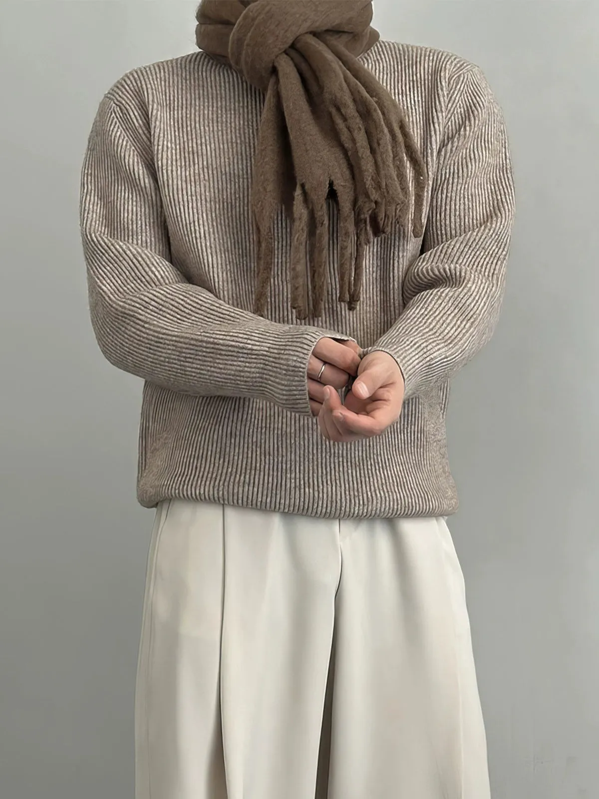 Ribbed Knit Pleated Turtleneck Sweater