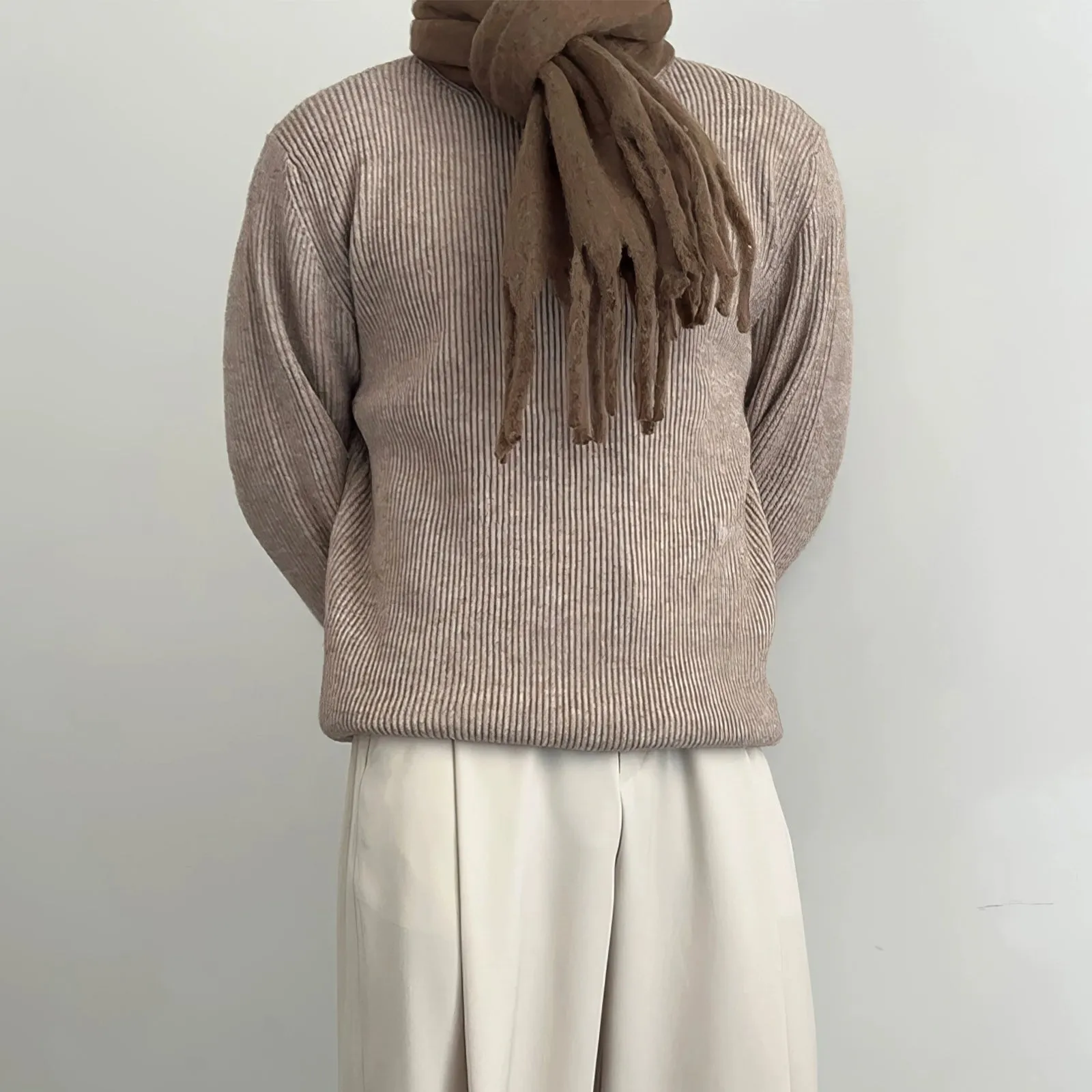 Ribbed Knit Pleated Turtleneck Sweater