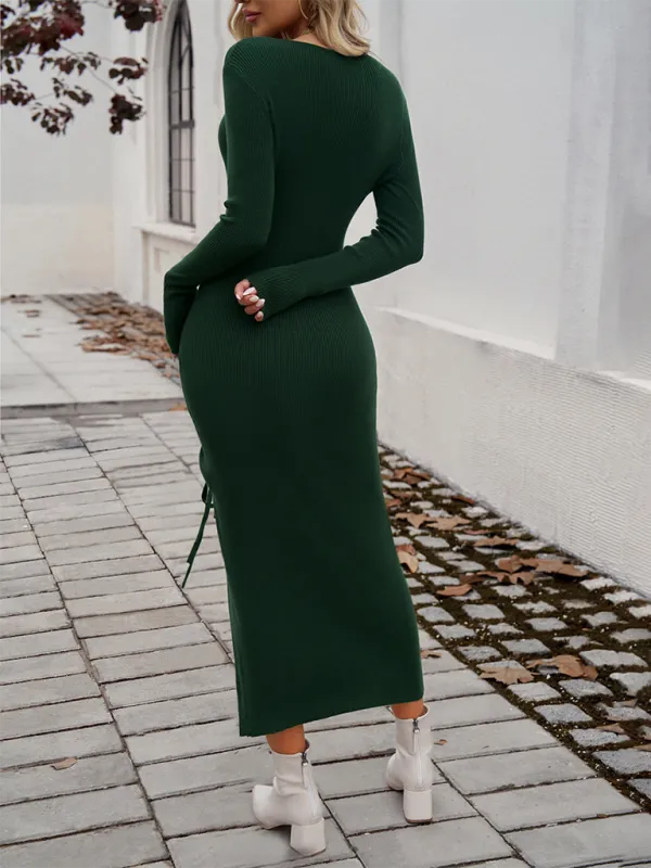 Ribbed Maxi Dress with Side Slit and Drawstring