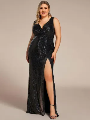 Robe de soirée à col en V profond à sequins scintillante de grande taille(Vente finale)