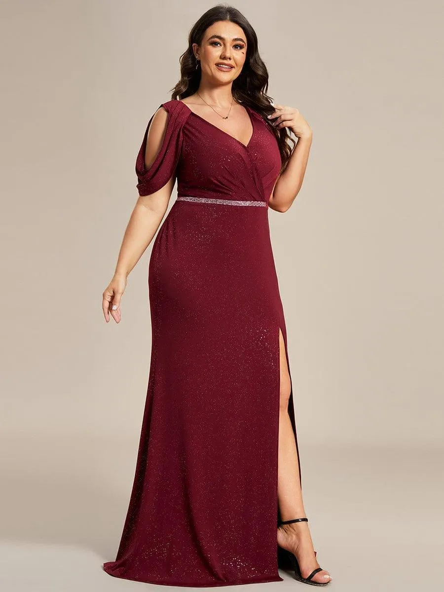 Robe de Soirée Scintillante avec Ceinture Brillante à Epaule Dénudée de Grande Taille(Vente finale)