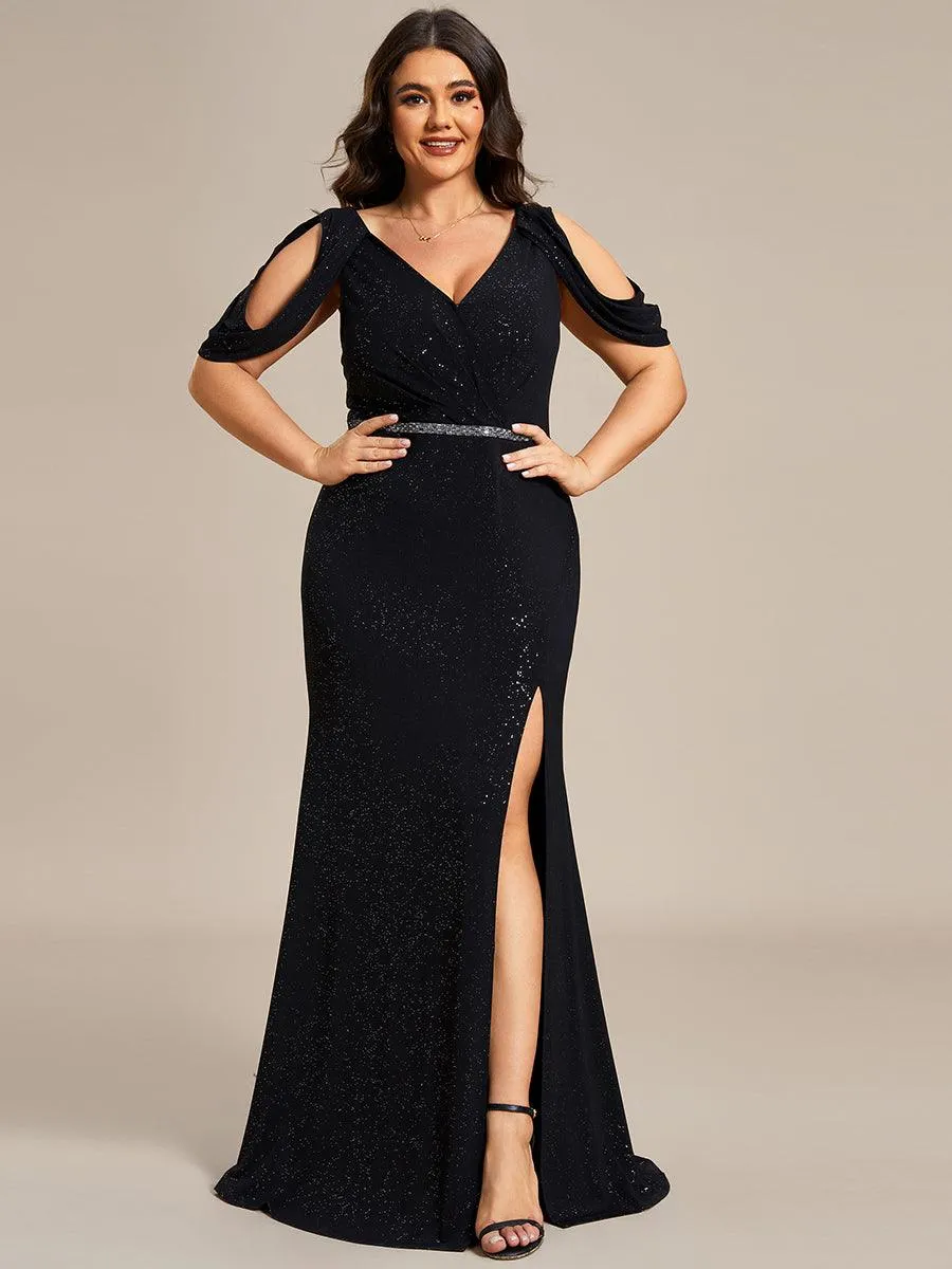 Robe de Soirée Scintillante avec Ceinture Brillante à Epaule Dénudée de Grande Taille(Vente finale)