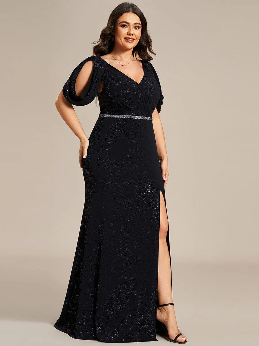Robe de Soirée Scintillante avec Ceinture Brillante à Epaule Dénudée de Grande Taille(Vente finale)