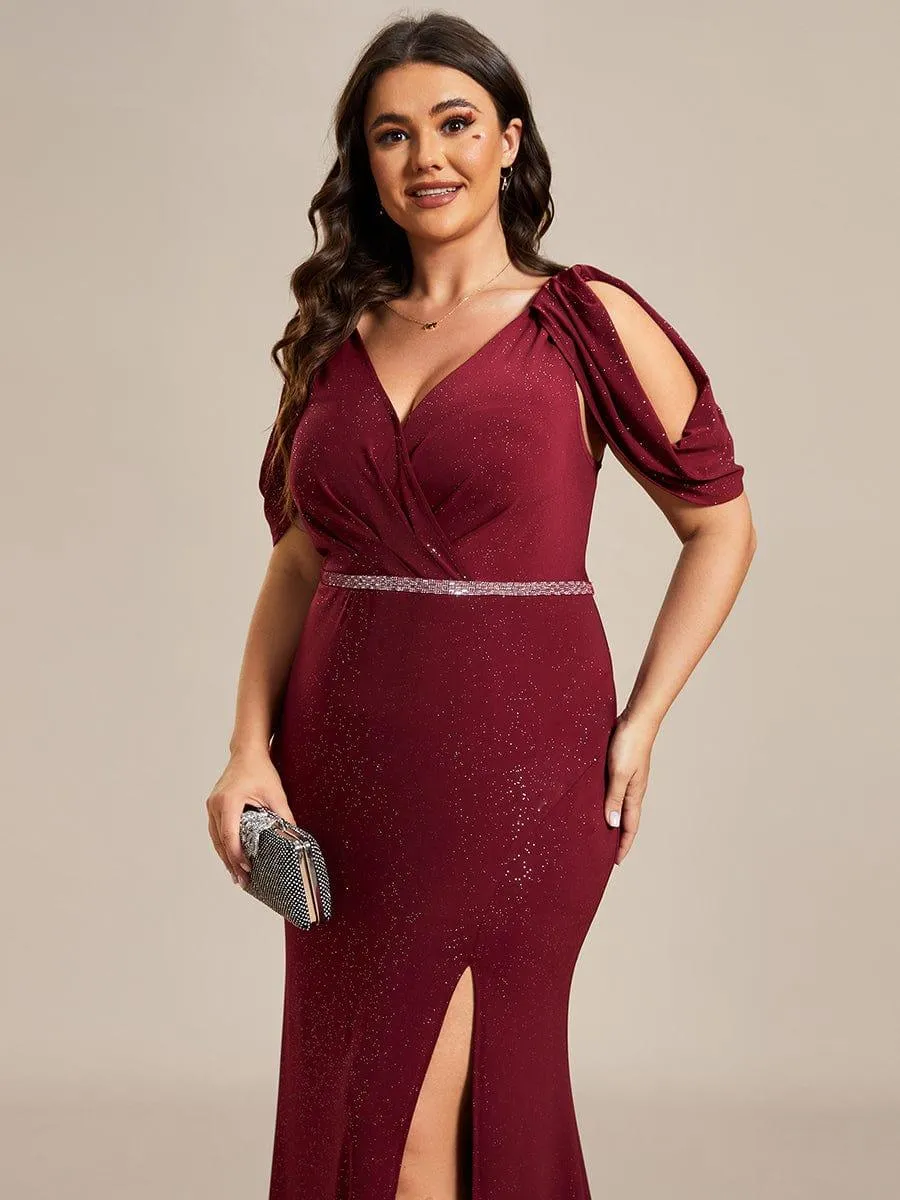 Robe de Soirée Scintillante avec Ceinture Brillante à Epaule Dénudée de Grande Taille(Vente finale)