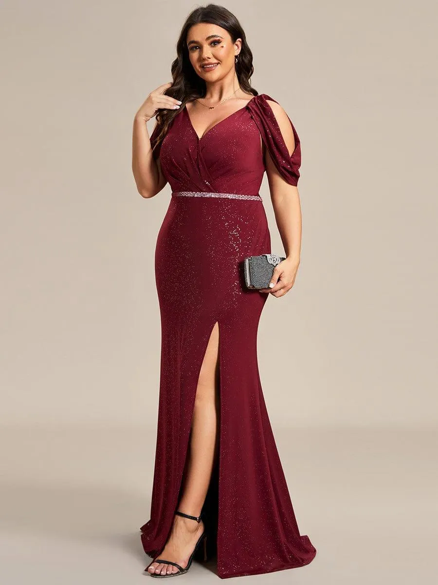Robe de Soirée Scintillante avec Ceinture Brillante à Epaule Dénudée de Grande Taille(Vente finale)