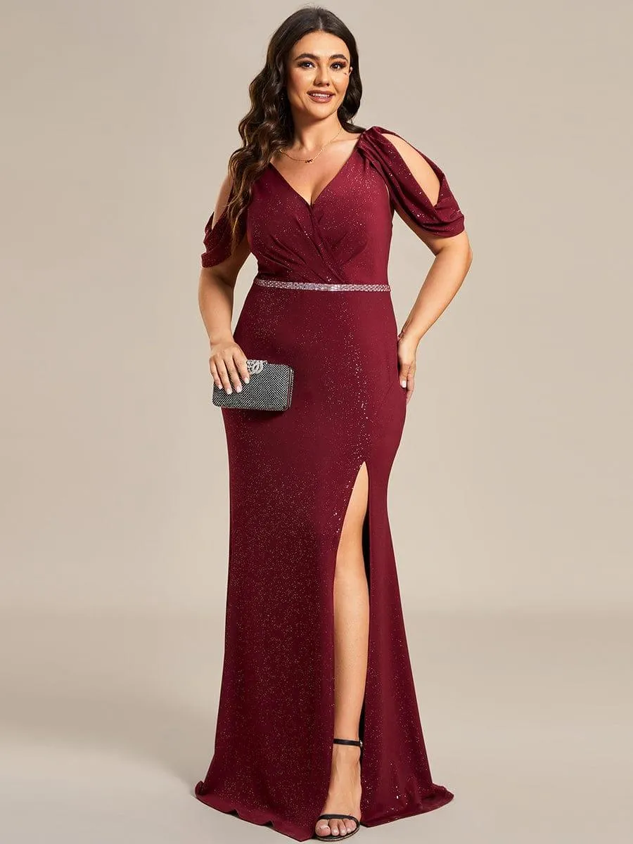 Robe de Soirée Scintillante avec Ceinture Brillante à Epaule Dénudée de Grande Taille(Vente finale)