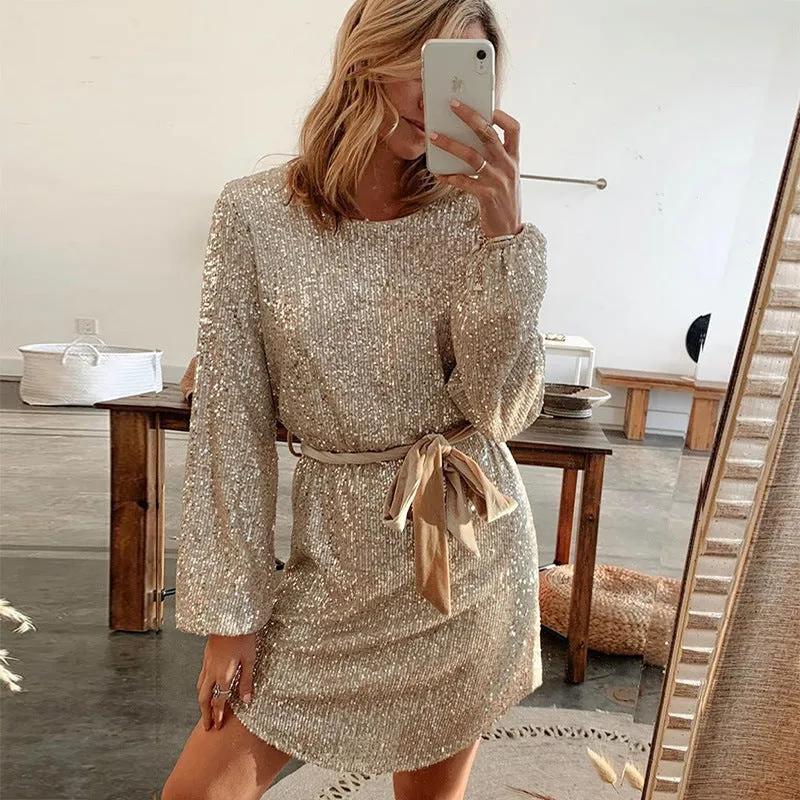 Round Collar Lantern Sleeve Sequin Puff Sleeve Mini Dresses White