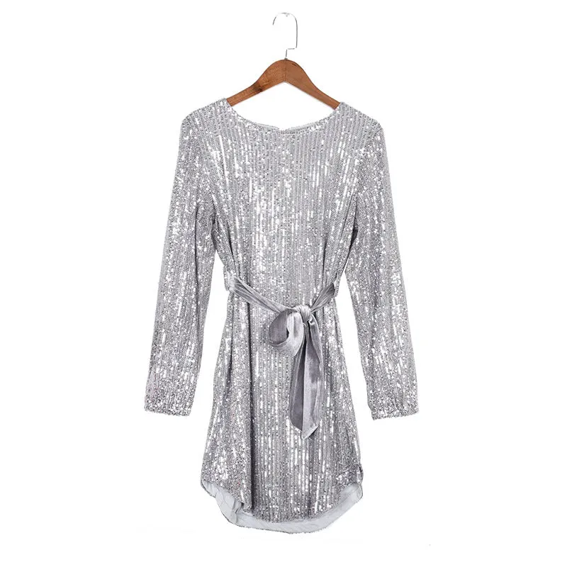 Round Collar Lantern Sleeve Sequin Puff Sleeve Mini Dresses White