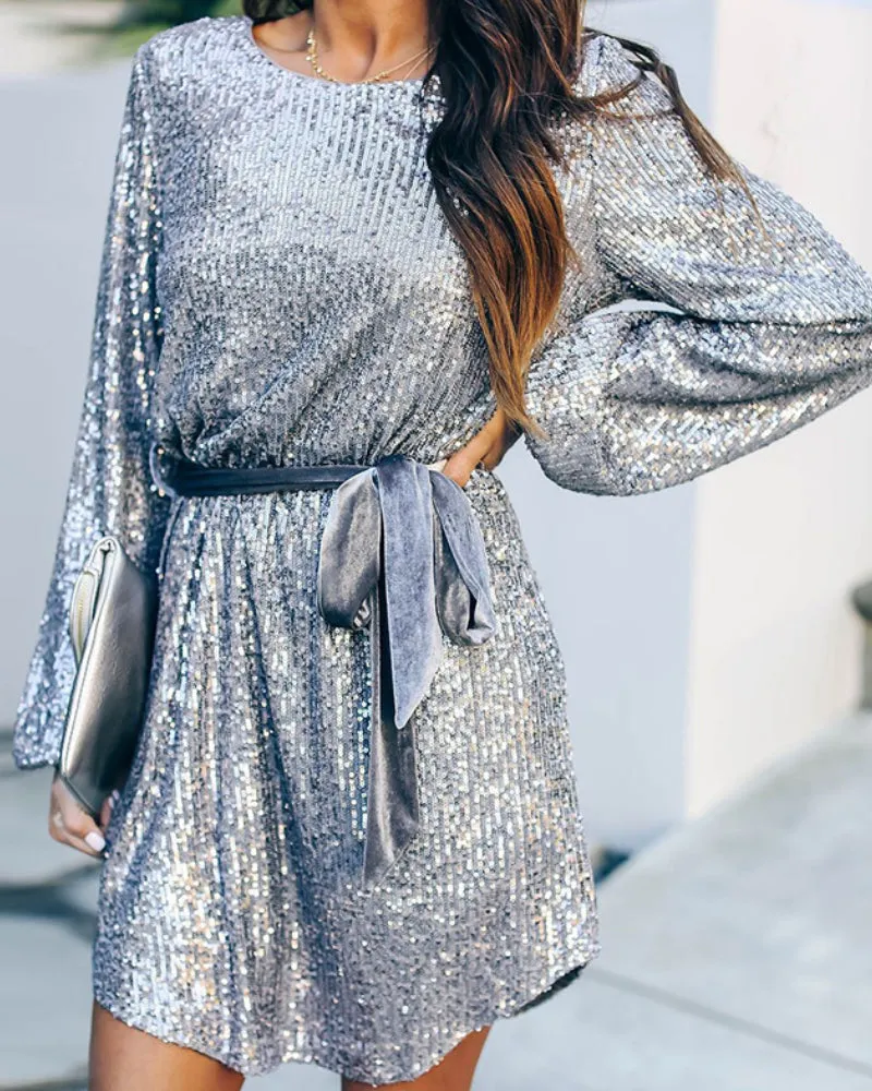 Round Collar Lantern Sleeve Sequin Puff Sleeve Mini Dresses White