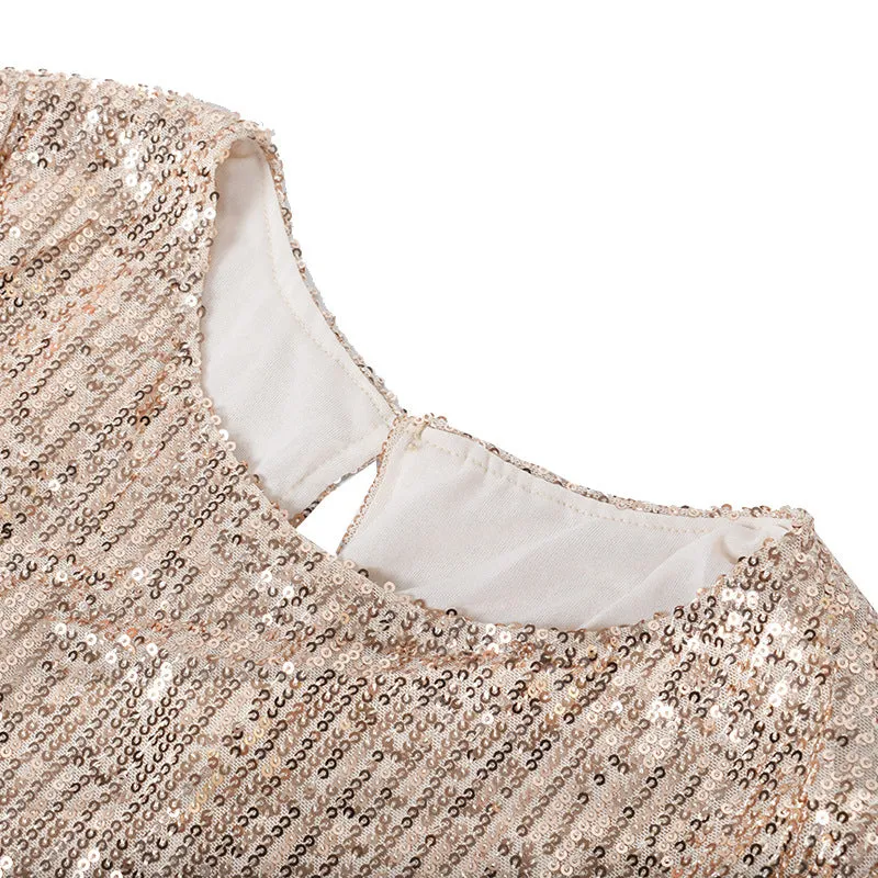 Round Collar Lantern Sleeve Sequin Puff Sleeve Mini Dresses White