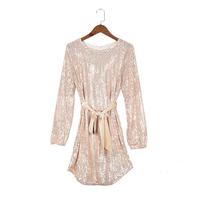 Round Collar Lantern Sleeve Sequin Puff Sleeve Mini Dresses White