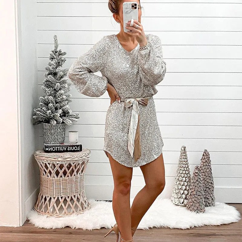 Round Collar Lantern Sleeve Sequin Puff Sleeve Mini Dresses White