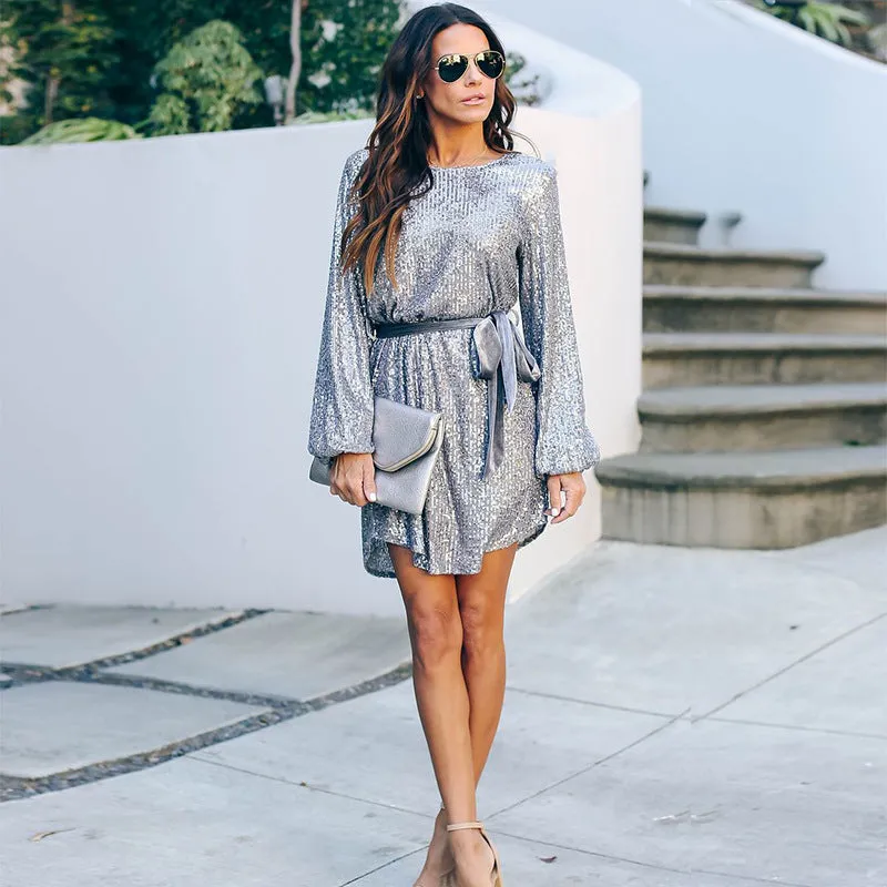 Round Collar Lantern Sleeve Sequin Puff Sleeve Mini Dresses White