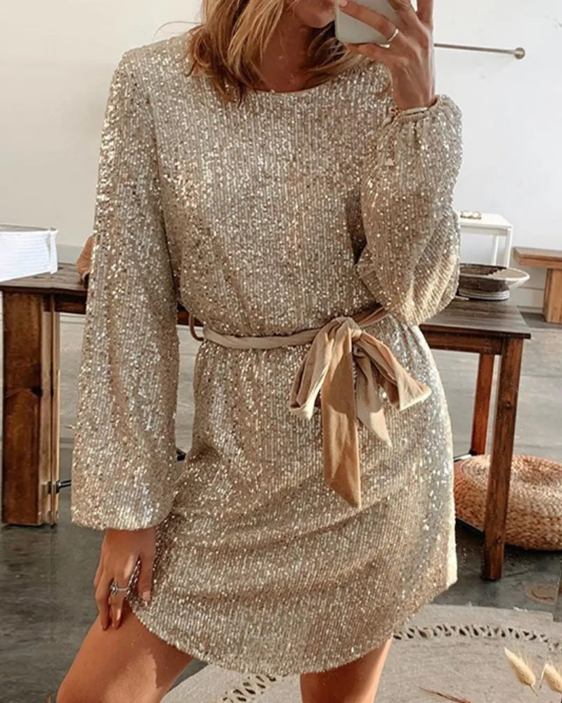 Round Collar Lantern Sleeve Sequin Puff Sleeve Mini Dresses White