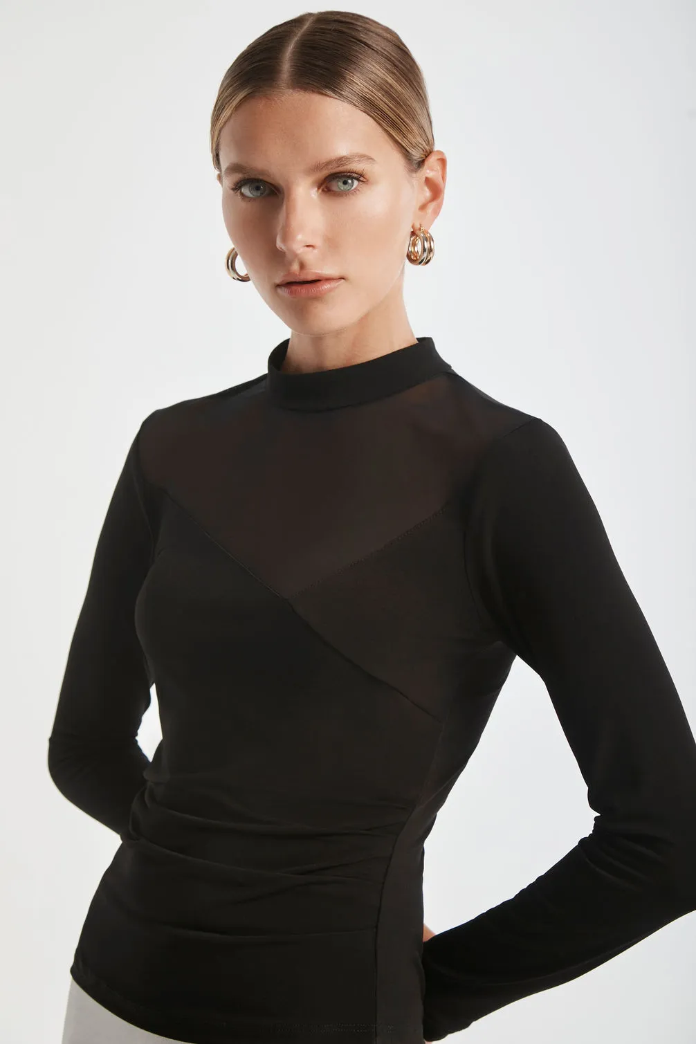 Ruched Mesh Panel Mock Neck
